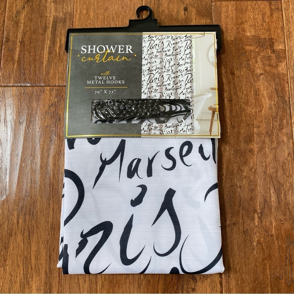 Shower Curtain Set with Hooks Paris Script NEW